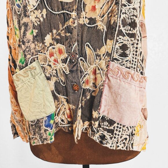 Sacred Threads M/L Button Up Patchwork Top Western Boho Artsy Hippie Eclectic - Picture 6 of 12